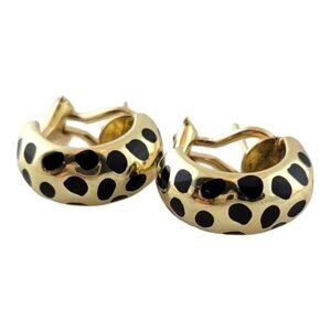14 Karat Yellow Gold Black Enamel Leopard Omega Back Earrings #17772